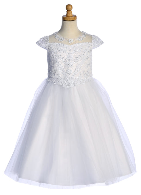 Girls Illusion Neckline Pearl Sequin Corded Embroidered Tulle Communion Plus Size Dress 8.5-20.5